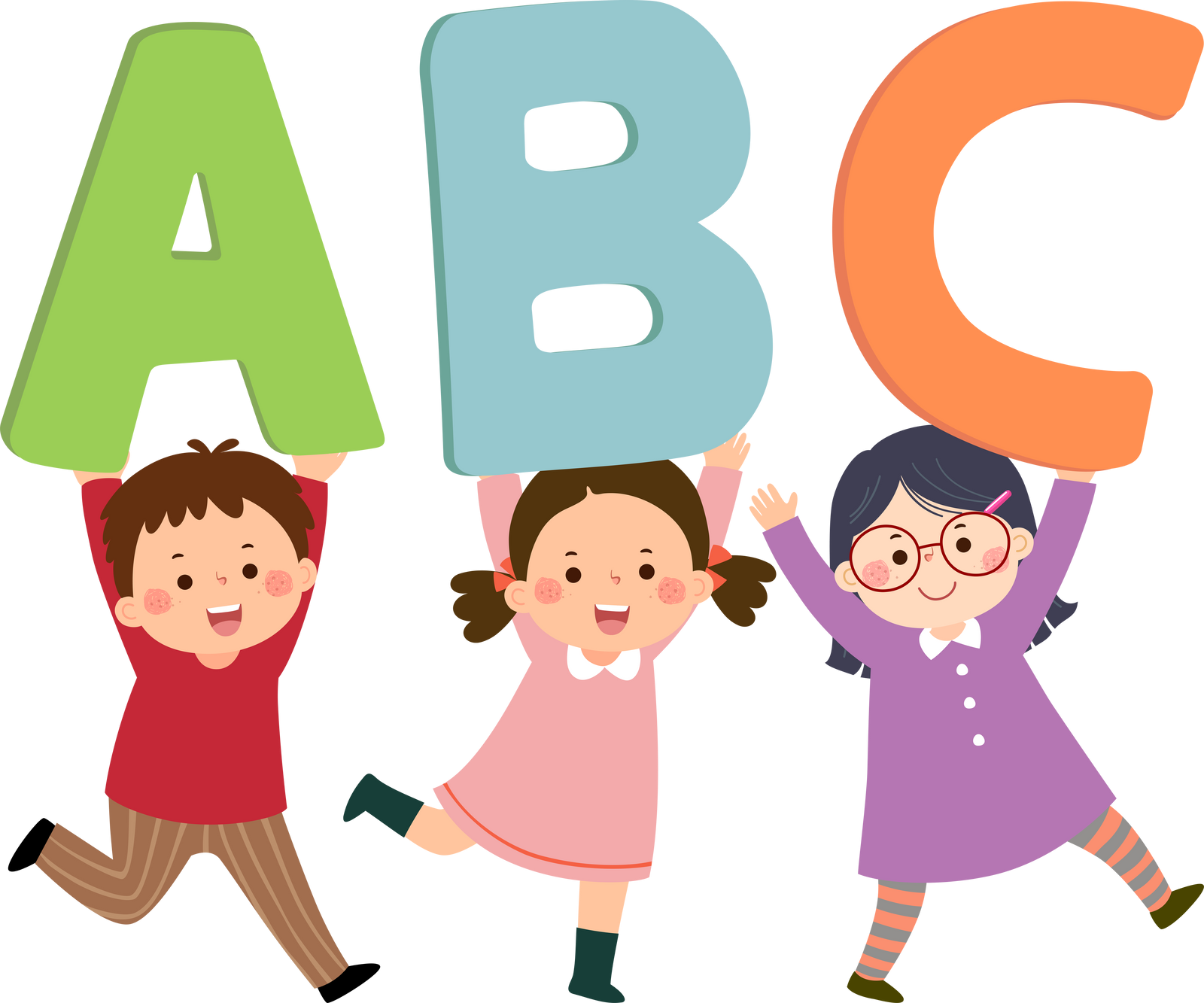 Cartoon kids carrying alphabet letters ABC.